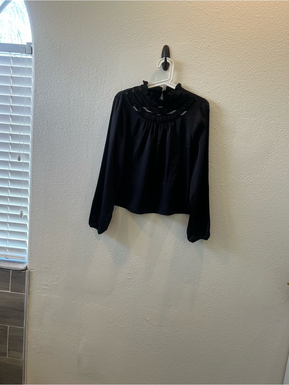 Express Black Smocked Ruffle Neck Long Sleeve Blouse